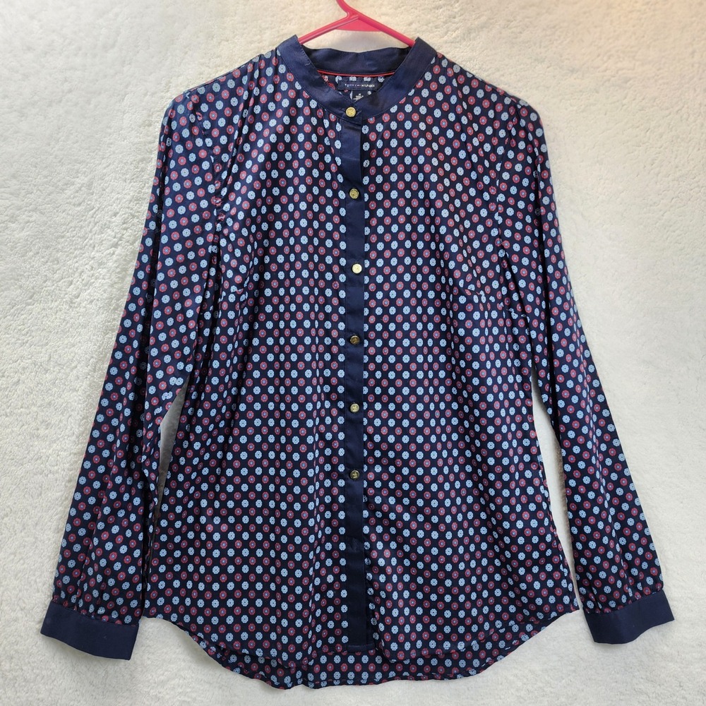 Tommy Hilfiger Womens Navy Print Top‎ Medium Nautical Vacation Coastal Old Money